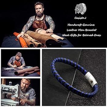 Casisto.J Bracelet Homme - Bracelet Cuir Homme Manchette Tressé à La Main Classique Noir Et Brun Avec Fermoir Magnétique Gravé Cadeau Bijoux Gratuit En Boîte, 20, Nickel Acier Inoxydable Cuir