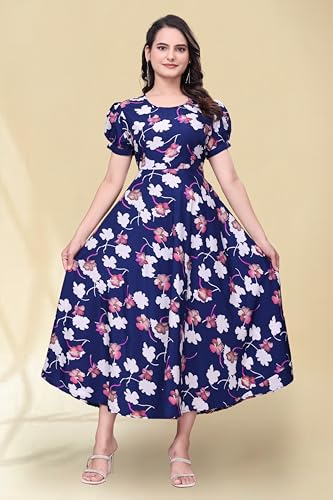 Image of Women's A-Line Crepe Maxi Dress | Stylish Fit and Flare Dress with Round Neck Short Puff Sleeves for Casual Wear