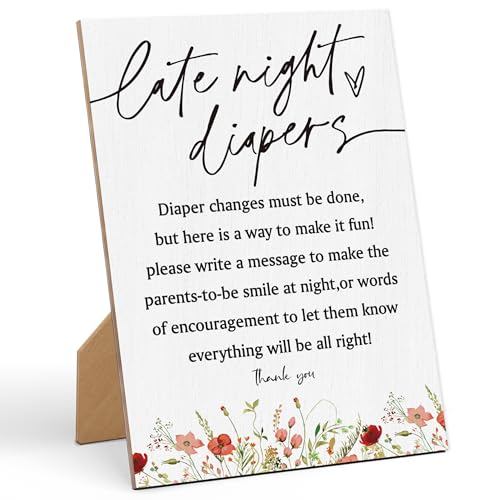 Baby Shower Games Late Night Diapers Sign-8×11 Inches, Wildflower Wooden Sign, Gender Neutral Tabletop Decor for Gender Reveal Party, Baby Shower Party Favors Supplies Decoration-LA48