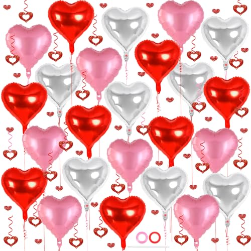 Image of 24 Pcs Red Pink Silver Heart Balloons, 100 Pcs Hearts Hanging Streamers, 18 Inch Heart Foil Balloons Valentine's Day Balloon Love Balloon for Valentines Day Proposal Wedding Party Decorations