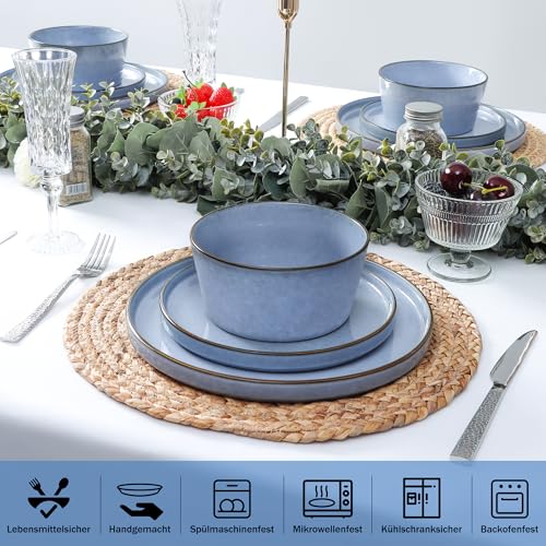 Homikit Geschirr Set 6 Personen, 18-tlg Steinzeug Geschirrset Tafelservice, Reaktive Glasur Müslischüsseln, Dessertteller und Speiseteller, Mikrowellen- und Spülmaschinenfest, Gelassenheit Blau