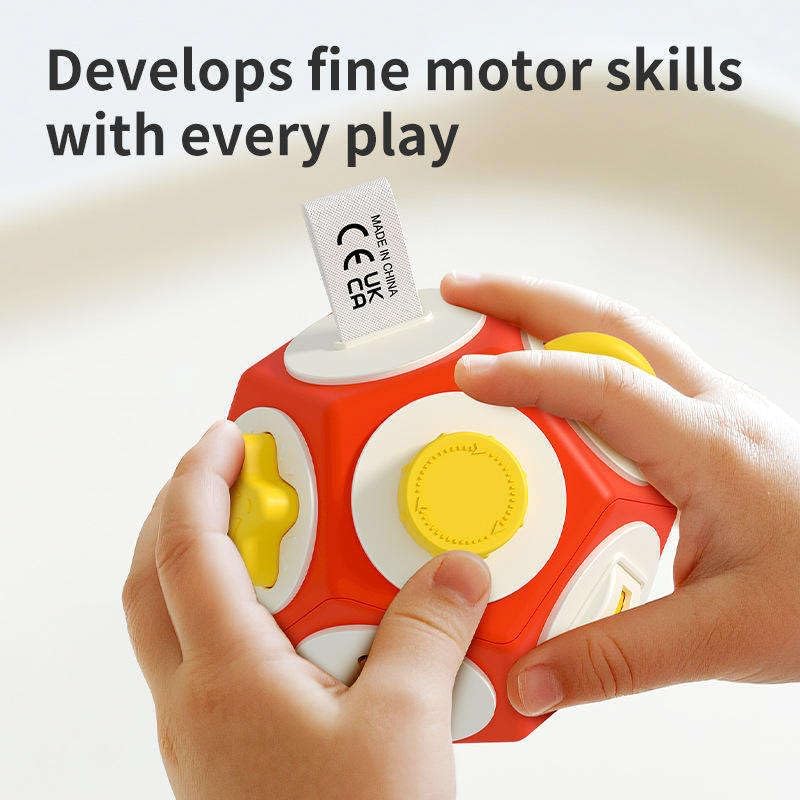 Image of 12-in-1 Plastic Busy Cube Toy for Toddlers - Educational Sensory Activity Ball with Rattle, Buttons, Gears & Mirror - Montessori Fine Motor Skills Travel Toy for Babies 0-3 Years (Red Cube)