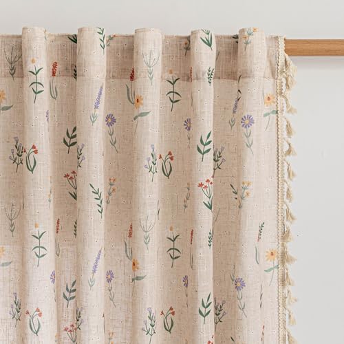 Image of MYSKY HOME Floral Semi Sheer Curtains 63 Inch Length 2 Panels Linen Blend Spring Farmhouse Drapes with Tassel Back Tab for Girls Bedroom Nursery Vintage Rustic Flower Patterned, W50, Dusty Pink
