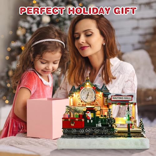 Vipush Christmas Village House Decorations Resin Railway Station Platform Home Decor Indoor Building Figurines Revolving Train with LED Light and 8 Christmas Music for Kids - Image 6