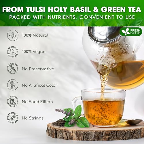 Image of FreshDrinkUS, Premium 75 Tulsi Green Tea Bags, 100% Natural, Blend of Tulsi Holy Basil Leaves, and Green Tea Leaves. Made with Natural Material Tea Bags. No Sugar, Vegan.