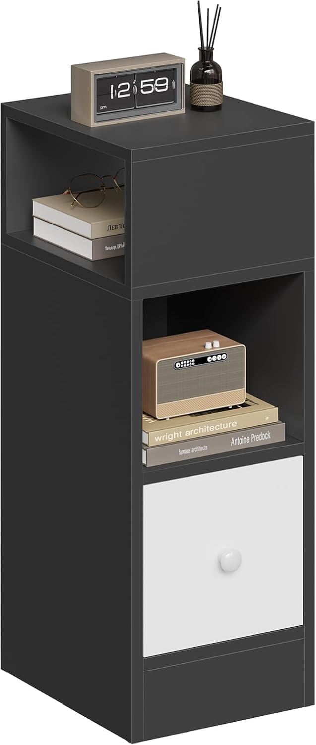 EUGAD Narrow Bedside Table, Slim Nightstand with 2 Open Compartments and 1 Drawer, Space Saving Wooden Cabinet for Bedroom Living Room, Dark Grey, 25x30x66 cm, 0010CTG