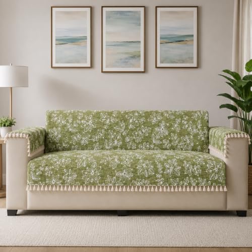 Image of STITCHNEST Woven Fabric Sofa Cover 3 Seater with 2 Hand Rest Covers - Washable Green Sofa Cover with Tassels - Durable Premium Fabric - Stylish Sofa Protector for Living Room & Furniture Decor