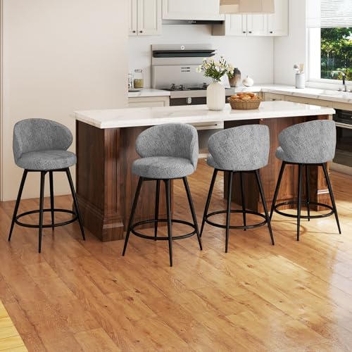 Image of Bar Stools Set of 4, 360 Swivel Breathable Fabric Kitchen Counter Height Stools, 26 inch Upholstered Bar Chair for Kitchen Islands, Restaurant, Grey