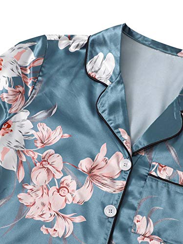 Image of WDIRARA Women's Sleepwear Satin Short Sleeve Shirt and Shorts Pajama Set Floral Blue XS