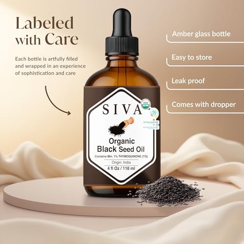 Image of SIVA ORGANICS Black Seed Carrier Oil with Dropper, 4 Fl Oz (118 ml) | Organic Black Seed Oil for Hair Care, Hair Oiling, Scalp Massage, Skin Care, Body Massage & DIY Recipes in Glass Bottle