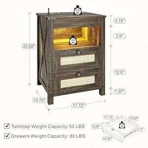 Rustic nightstand with gun drawer end table with charging station led bedside table with human sensor light rattan night stand for bedroom brown  urban country home decor