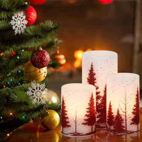 Image of Eldnacele Christmas Flickering Flameless Candles with 6 Hour Timer, Red Christmas Tree Decal Battery Operated Real Wax LED Pillar Candles Home Tabletop Holiday Decor(3Pcs,3x4 /5 /6 Inches)