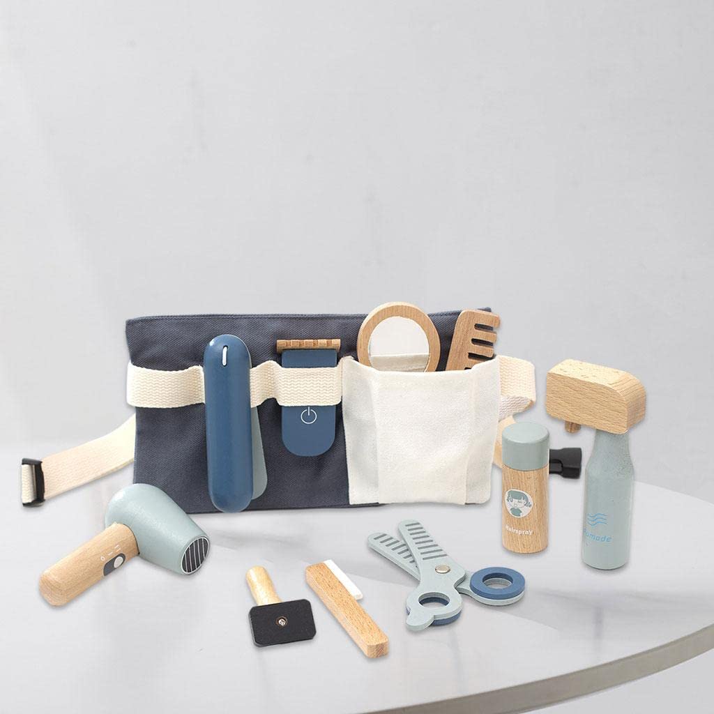 Kit da Salone di Bellezza/Parrucchiere di Simulazione con 11 Strumenti per Lo Styling, Asciugacapelli in Legno, Specchio E Astuccio per Cosmetici, Kit da Salone