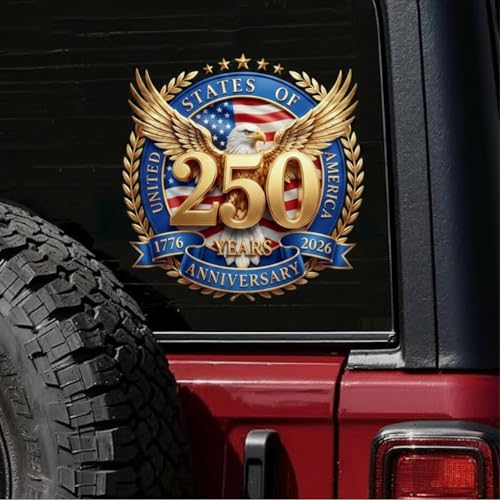 Image of 2-Piece USA 250th Anniversary Patriotic Car Decal | American flag and eagle window decal for cars; 1776-2026 commemorative patriotic design