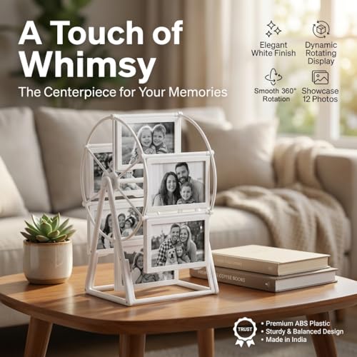 Image of MUSHA Customized Ferris Wheel Rotating Photo Frame | 12 Photo Swing Wheel Display | Personalized Anniversary Valentine Birthday Gift | Double-Sided Tabletop Photo Holder | Send Your Photos We Print | Rotating Photo Frame for Couples
