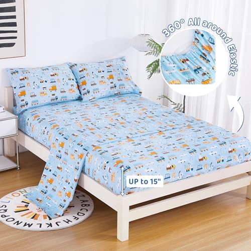 Image of Viviland 3 Pieces Boys Blue Truck Twin Sheet Set - Soft Microfiber Fitted Flat Sheets & Pillowcase - Construction Truck Bedding Sets - for Kids & Toddlers
