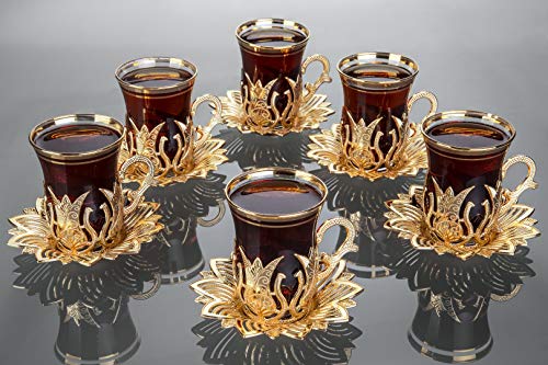 LaModaHome Golden Tea Set of 6 - Includes 6 Glasses, 6 Saucers Holders - VIP Special Serving Turkish Tulip - Arabic, Moroccan Coffee Sets - Machine Washable Cup, Mug (Gold)