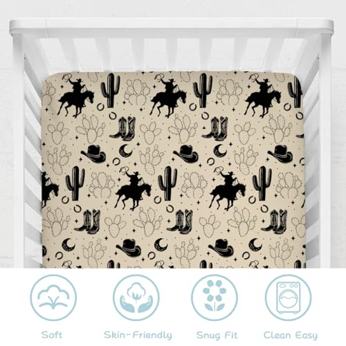 Image of Vintage Western Cowboy Baby Crib Sheets 52''x28'' Cowboy Horse Boots Hat Cactus Moon Snug Fitted Crib Mattress Cover for Boy Girl Wild Plants Soft Baby Bed Sheet for Standard Crib Toddler Mattress