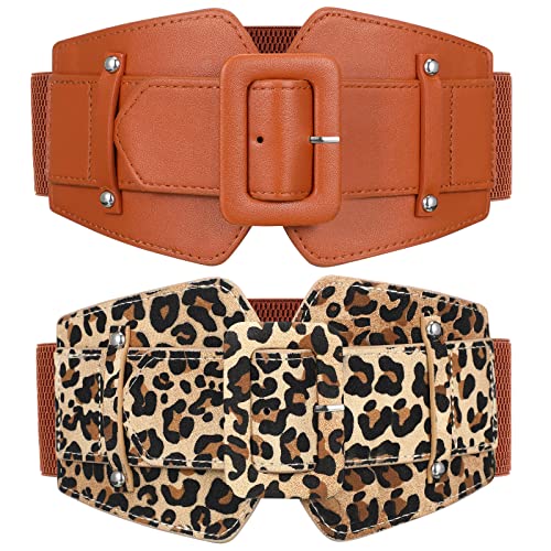 Geyoga Women Wide Stretchy Cinch Belts Corset Belt Retro Chunky Buckle Belts Waist Belt Waistband For Dresses Coats (Camel, Leopard) #TOP28