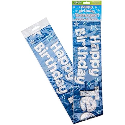 OakTree 625044" Happy Birthday Teenager Foil Holographic Banner, Blue, 9 ft Cover