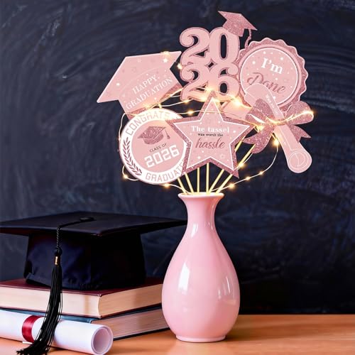 Image of Graduation Decorations for Class of 2026-30pcs Glitter Pink Rose Gold Grad Party Table Centerpieces Sticks with LED String Light for College High School 2026 Graduation Party Favors Supplies