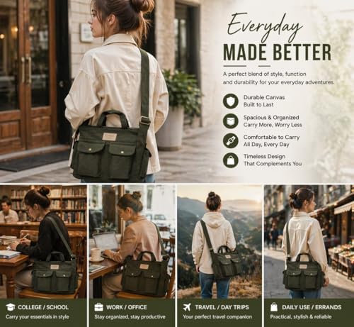 Image of ROUGH Canvas Cotton messenger bag.15'' Lap top. Large size 36x27x11 cm(12Ltr) Metal zipper closure. Allround pockets. Vintage look. Antique fittings.Sustainable