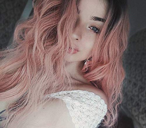 Synthetic Lace Front Wig Ombre Orange pink 2 Tones Dark Roots Long Natural Wave pink Heat Resistant Fiber Hair Half Hand Tied 20-24 Inches(22in)