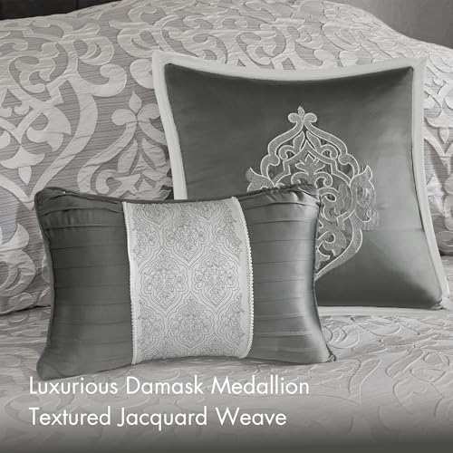 Image of Madison Park Odette Cozy Comforter Set Jacquard Damask Medallion Design - Modern All Season, Down Alternative Bedding, Shams, Decorative Pillows, Queen(90 in x 90 in), Silver 8 Piece | All Season Down Alternative Bedding with Comforter, Shams, Bed Skirt, Decorative Pillows, Silver