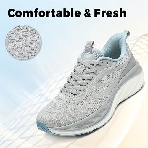 Image of Wondamo Women's Slip On Walking Shoes Cushioning Breathable Tennis Running Shoes Non-Slip Comfortable Gym Workout Athletic Fashion Sneakers, Grey /Blue, 6 US Women
