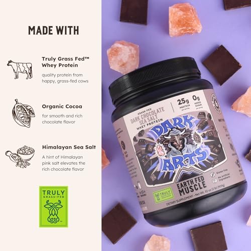 Image of Earth Fed Muscle Dark Arts Irish Grass Fed Whey Protein Isolate, Third-Party Certified. 25g Protein, Salted Dark Chocolate - Non-GMO, Hormone Free, Soy Free, Gluten Free - 2 LB, 26 Servings