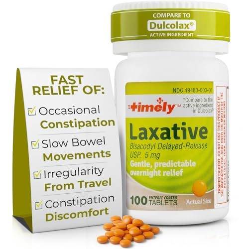 TIME-CAP LABS, INC. Timely Laxative Bisacodyl 5mg Tablets - Stimulant Laxatives for Constipation Fast Acting & Gentle - Overnight Constipation Relief for Adults -100 Tablets
