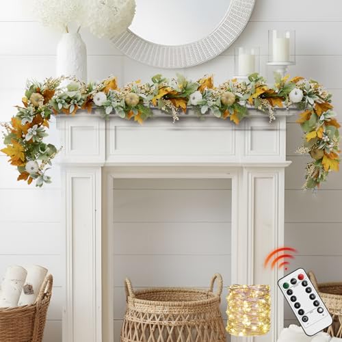 Image of Fall Mantel Garland Decor for Home - 6 Ft Autumn Leaves Table Garlands with Lights Decorations for Thanksgiving and Halloween Leaf Centerpieces for Bedroom Tables Stair Porch Outdoor Farmhouse