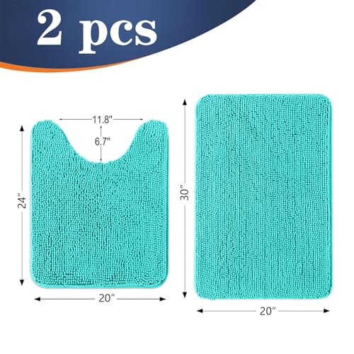 Image of OLANLY Bathroom Rugs Sets 2 Piece, Soft Absorbent Chenille Bath Mats and U-Shaped Contour Toilet Mat Area Rug Set, Machine Washable Bath Carpet, Home Decor Accessories(30 inchx20 inch+24 inchx20 inch, Teal)