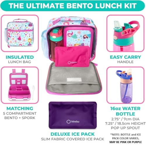 Image of Bento Box with Insulated Lunch Bag Ice Pack Water Bottle for Kids - 5 Compartments, Removable Tray, Meal or Snack Container Girls Toddlers Daycare Pre School, Kindergarten, Pink Purple Fairy Princess