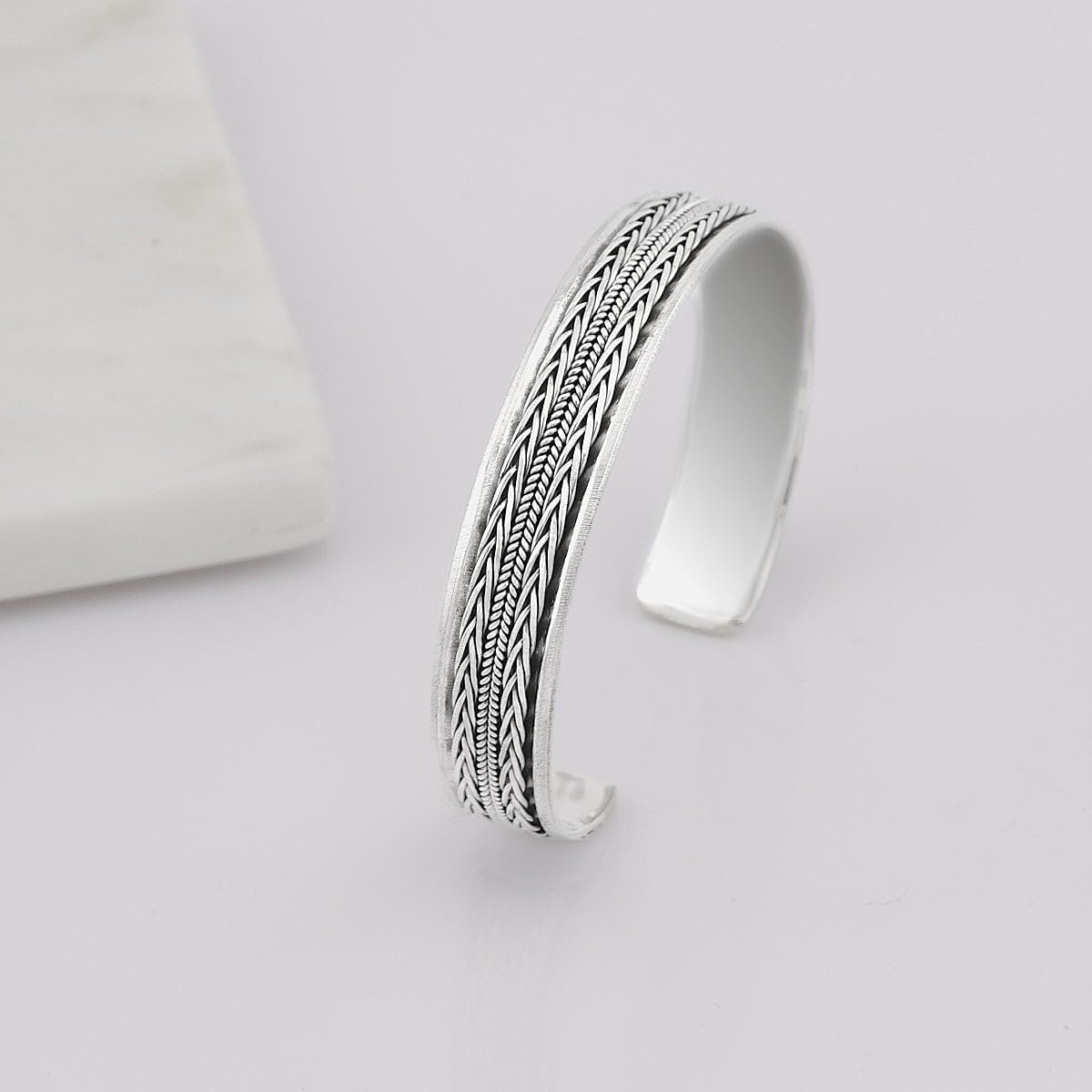 Men's 925 Sterling Silver Bangle Braided Details, Silver Cuff Bangle for Men - Ideal gift for him - Image 2
