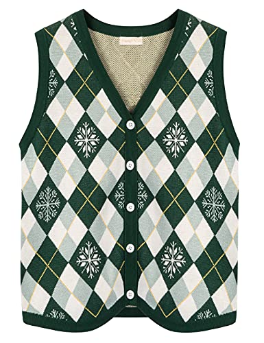 Women's V Neck Plaid Sweater Vest Christmas Knit Sleeveless Casual Green Sweater #TOP28