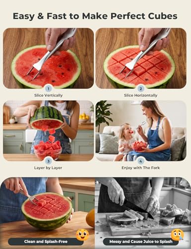 Image of 2-in-1 Watermelon Fork Slicer Cutter Tool 304 Stainless Steel | Upgraded Dual Blades for Quick Slicing, Durable Solid One-Piece Construction for Home Party Camping Kitchen Gadget