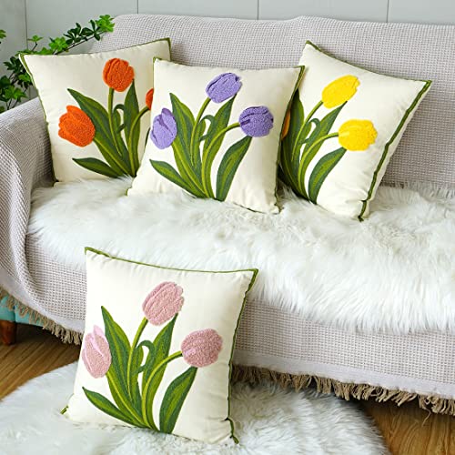 Housse de coussin carrée rose en coton tufté brodé 45x45 cm - 4