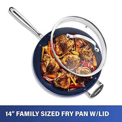 Granitestone 14 Inch Frying Pan with Lid, Large Non Stick Skillet for Cooking, Frying Pans Nonstick, Ultra Durable Mineral and Diamond Coating, Family Sized Open Skillet, Oven/Dishwasher Safe, Blue