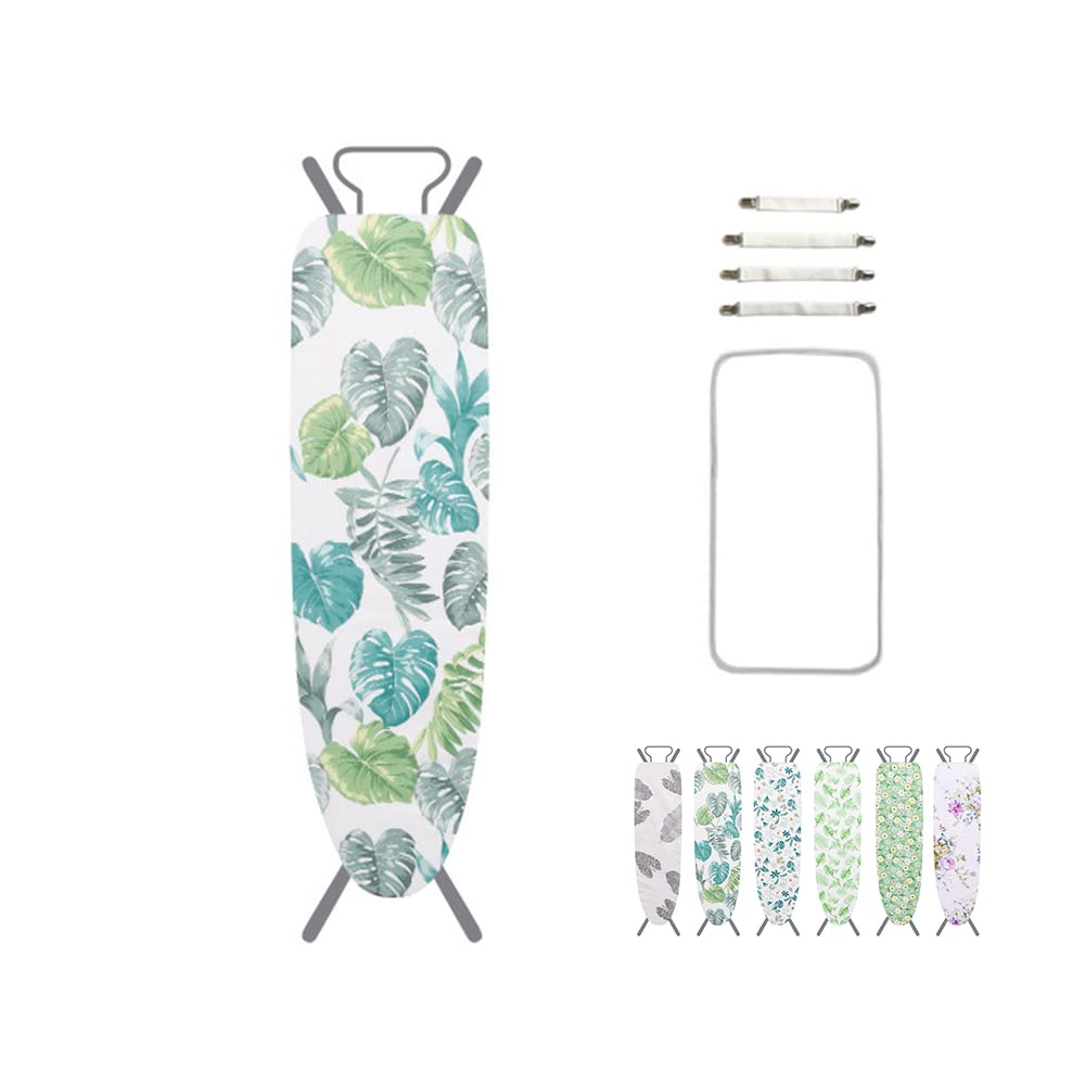 Highdi Monstera Ironing Board Cover 137X42cm, Resist Scorching Ironing Board Cover, Plant Floral Pattern Ironing Board Cover With 4 X Clips And 1 X Protective Scorch Mesh Cloth (,137X42cm)