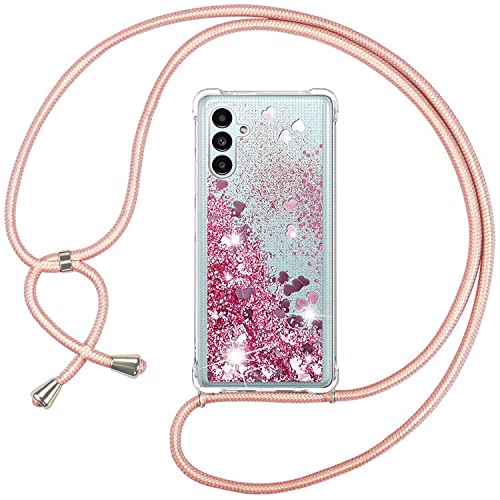 ISOI Funda con Cuerda para Samsung Galaxy M23 5G / M13 4G, Carcasa Brillante Glitter Transparente TPU Silicona Protección Case con Ajustable Colgante Correa de Cuello Cadena Cordón,Oro Rosa Cover