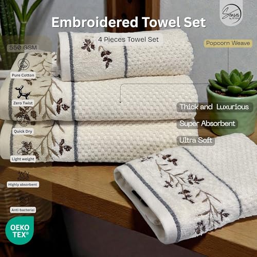 Image of SENSES By Riba Cotton Embroidered Towel Set, 550 GSM Soft & Absorbent, Antimicrobial, Oeko-Tex Certified | Ideal for Home & Gifting, Pack of 4 (2 Bath 27 inchX50 inch + 2 Hand Towels 16 inchX26 inch) - Style 20