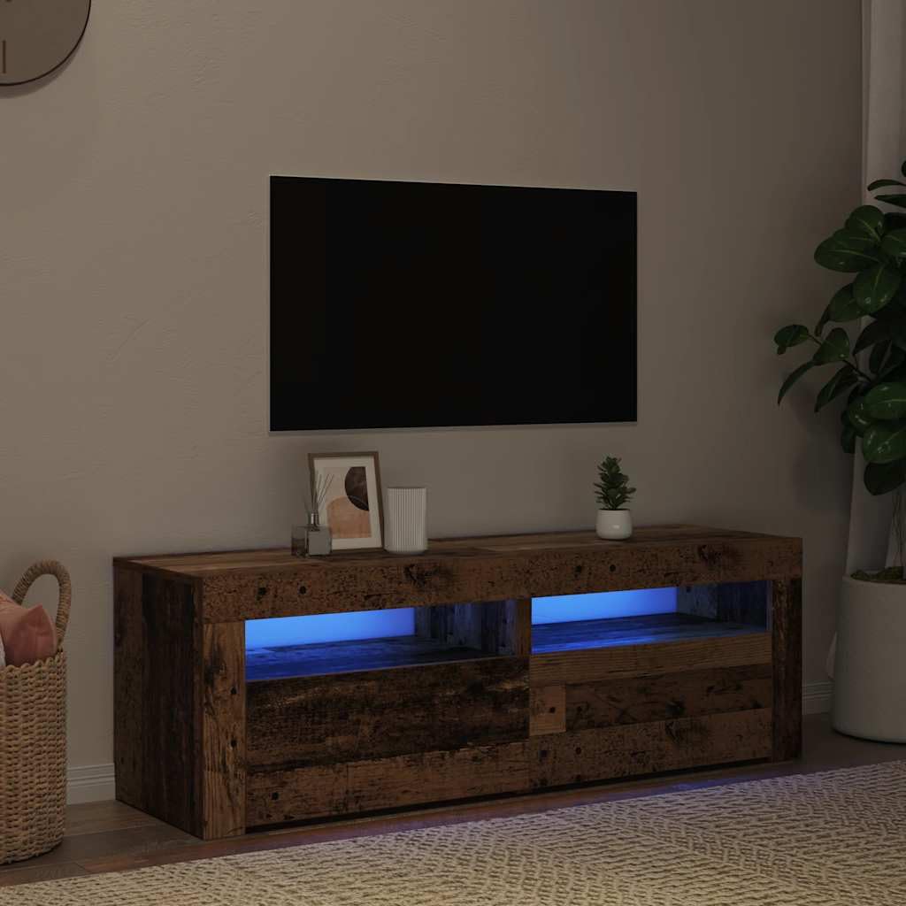 Szafka RTV pod TV z oświetleniem LED RGB, stare drewno, 120x35x40 cm, mebel z przestrzenią do przechowywania, półka dekoracyjna, idealna do salonu i sypialni, łatwy montaż, trwała płyta meblowa