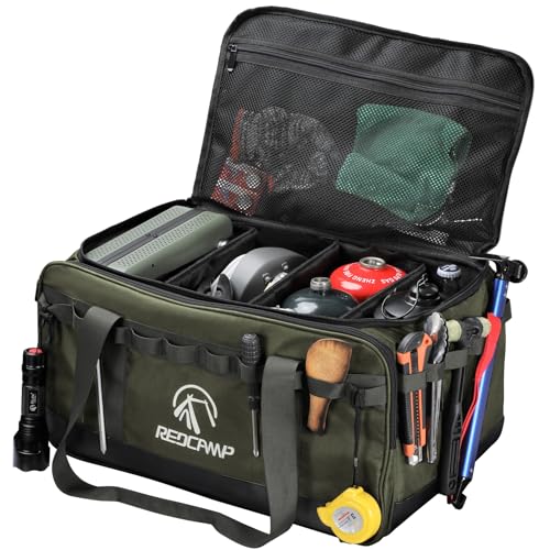 REDCAMP Camping Tote Organizer, 35L Tactical Duffel Bag, Waterproof Camp Storage Organizer with 3 Adjustable Dividers and Shoulder Strap for Outdoor Transport, Army Green3