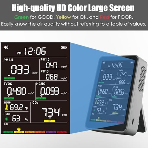 Image of Professional Indoor Air Quality Monitor with AQI Alerts, Portable Real-Time Detector for Home, Car, Plants & Pet (Concrete Gray)
