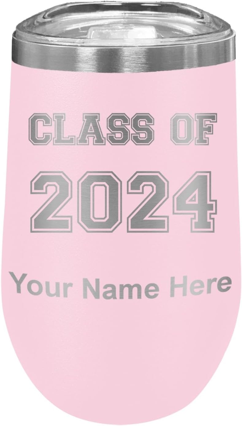 LaserGram 16oz Double Wall Stainless Steel Wine Glass Tumbler, Class of 2023, 2024, 2025, 2026, 2027, Personalized Engraving Included (Black)