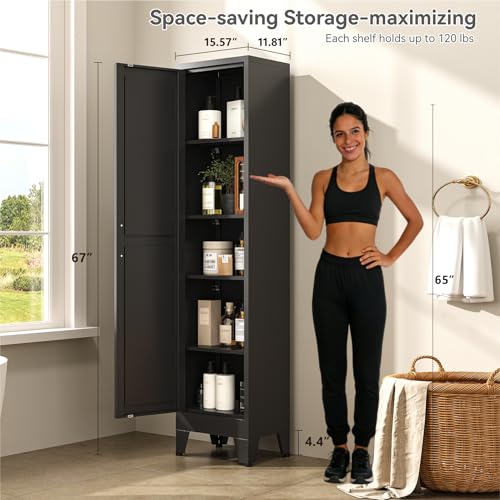 Image of 67 inch Tall Storage Cabinet with Reversible Doors and Adjustable Shelves,Metal Slim Freestanding Cabinet for Bathroom Kitchen Garage Small Spaces,Black,1 Pack