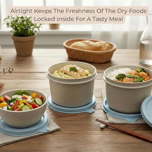Image of Happy Cove Eco Friendly Lunch Box for Office Use | Biocomposite Wheat Straw, Rice Husk & Bamboo Fibre | 3 Microwave Safe Containers | Tiffin Box with Lunch Bag | Microwave Safe, Oven Safe, Unbreakable
