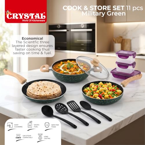 Image of Crystal Aluminum 11 Pcs Non Stick Cookware Set with Induction Bottom | Tawa, Fry Pan, Kadhai with Lid, 4 Serving Spoons, 3 Containers | 4 Layer Non Stick Coating | PFOA Free | Green