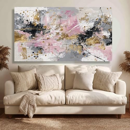 Décoration technique mixte rose et gris sur tableau sur toile texturé